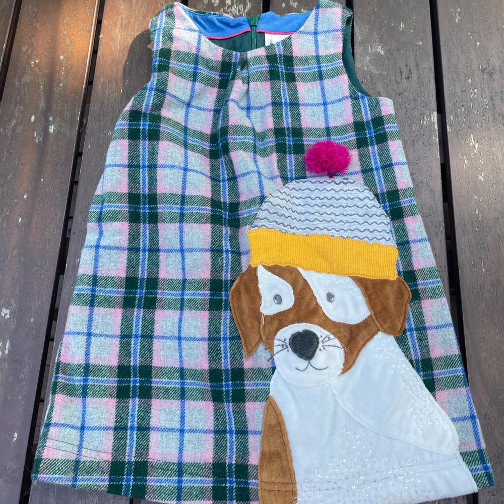 Mini Boden Girls  Plaid Wool Blend Dog Applique Jumper Dress in size 3-4Y